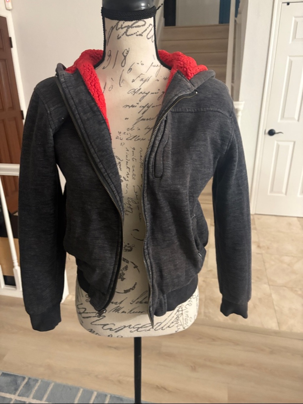 O'Neill Kids Dark Gray Hoodie Jacket with Red Sherpa Lining